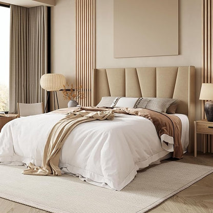 Allewie Queen Size Platform Bed Frame with Geometric Wingback Headboard, Boho Upholstered Bed with Wooden Slats Support, No Box Spring Needed, Easy Assembly, Beige