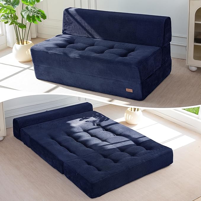 MAXYOYO 8" Folding Sofa Bed, Fold Out Chair Bed, Convertible Floor Sofa Couch, High-Density Foam Tufted Lounge Couch for Living Room Bedroom Dorm, Loveseat, Navy