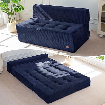 MAXYOYO 8" Folding Sofa Bed, Fold Out Chair Bed, Convertible Floor Sofa Couch, High-Density Foam Tufted Lounge Couch for Living Room Bedroom Dorm, Loveseat, Navy