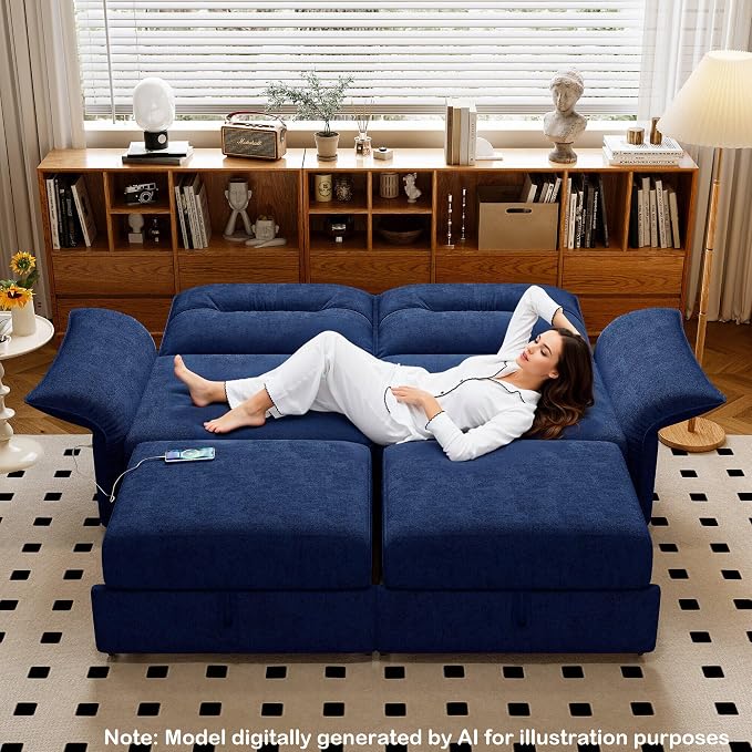 85'' Sofa Bed Full, Assembly, 3 in 1 Sleeper Sofa Beds, Flannel Pull Out Couch for Living Room, Charging & Adjustable Armrest, Comfy Loveseat for Small Space, Flannel Blue
