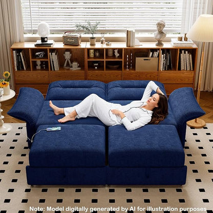 85'' Sofa Bed Full, Assembly, 3 in 1 Sleeper Sofa Beds, Flannel Pull Out Couch for Living Room, Charging & Adjustable Armrest, Comfy Loveseat for Small Space, Flannel Blue