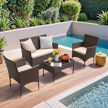 Brown & Beige 4-Piece PE Wicker Patio Furniture Set, Indoor Outdoor All Weather Rattan Conversation Chairs for Porch, Garden, Poolside & Balcony