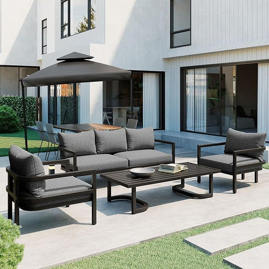 4-Piece Outdoor Steel Sofa Set, All Weather Patio Conversation Set with 1 Love Sofa, 2 Single Sofa and Coffee Table, Waterproof Cushions, Suitable for Backyard Poolside Gardens (Light Grey-Z)