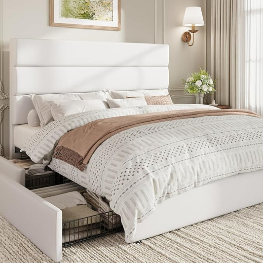 SHA CERLIN Full Size Platform Bed Frame with 4 Storage Drawers, Velvet Upholstered Headboard, Mattress Foundation with Wooden Slats Support, No Box Spring Needed, Easy Assembly, White