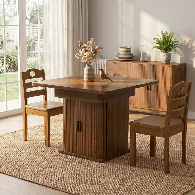 39-94 inch Extendable Dining Room Table for 4-10, Rectangle Expandable Long Kitchen Table with Double Tier Storage, Fluted Sliding Doors, Modern Square Dinner Table, Living Room, Farmhouse, Walnut