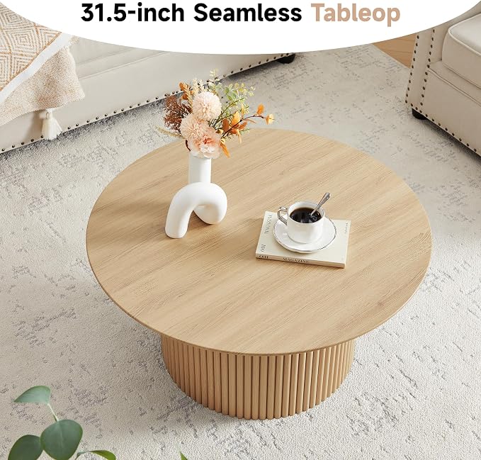 31.5" Round Coffee Table, Modern Fluted Accent Center Table with Metal Frame, Wooden Circle Coffee Tables for Living Room Small Space or Office (Natural)