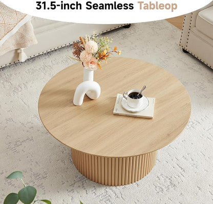 31.5" Round Coffee Table, Modern Fluted Accent Center Table with Metal Frame, Wooden Circle Coffee Tables for Living Room Small Space or Office (Natural)
