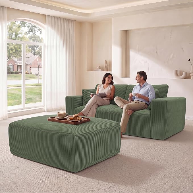 Modular Sectional Sofa with Ottoman, L-Shaped Cloud Couch, 79" Memory Foam Boneless Loveseat with Chaise, No Assembly Required Corduroy Frameless Sofa for Small Living Room Apartment Home Decor, Green