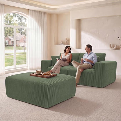 Modular Sectional Sofa with Ottoman, L-Shaped Cloud Couch, 79" Memory Foam Boneless Loveseat with Chaise, No Assembly Required Corduroy Frameless Sofa for Small Living Room Apartment Home Decor, Green