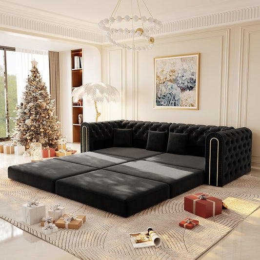 90.6'' Velvet Folding Floor Sofa Bed - 3-in-1 Convertible Sleeper Couch with Ottoman, Button Tufted Gold Edge Trim Chesterfield Sofa, Pull-Out King Size Couch Bed for Apartments, Living Room, Black | 3-in-1 Convertible