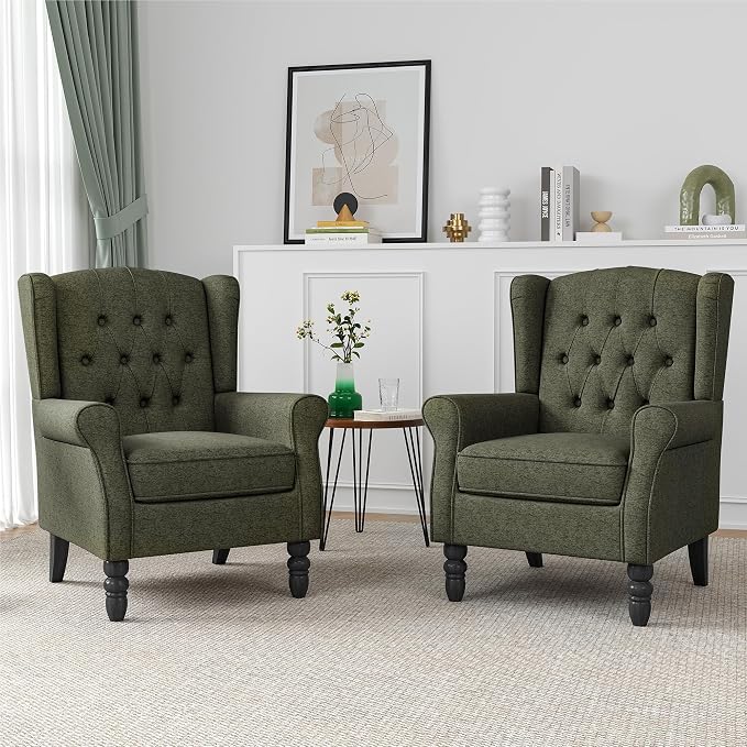 Wingback Accent Chair, Button-Tufted High Back Armchair for Living Room, Upholstered Wingback Chair with Solid Wood Legs, Comfy Single Sofa Reading Chair for Bedroom, Green