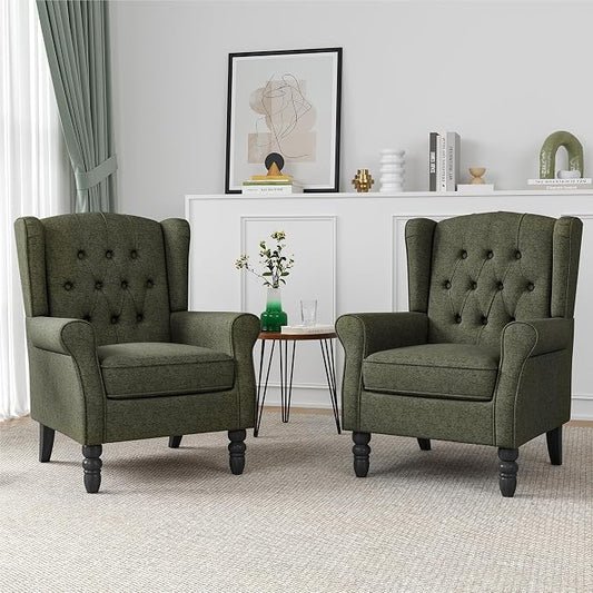 Wingback Accent Chair, Button-Tufted High Back Armchair for Living Room, Upholstered Wingback Chair with Solid Wood Legs, Comfy Single Sofa Reading Chair for Bedroom, Green