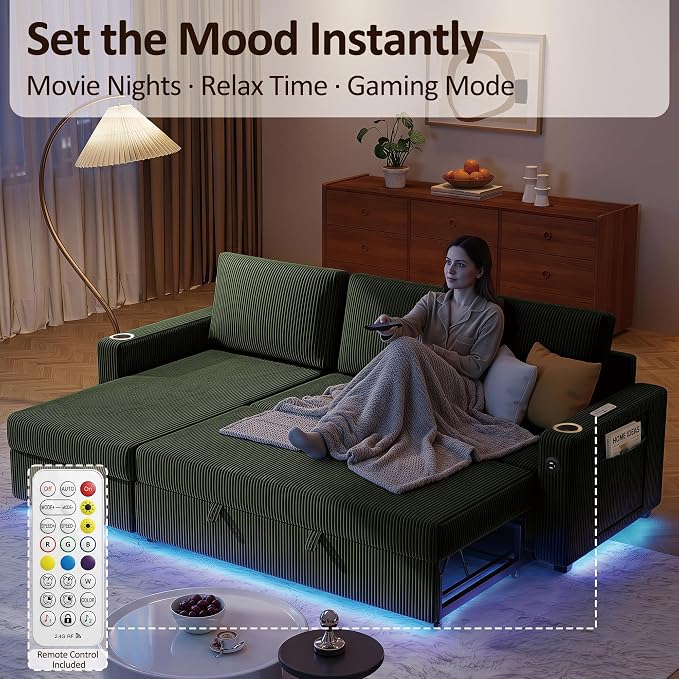 Ball & Cast 80" Sectional Sleeper Sofa Bed Pull Out Couches for Living Room | L Shaped Convertible Pull Out Sofa Bed with Storage Chaise, LED Lights, Foldable Table, USB Ports, Cup Holder and Side Pocket