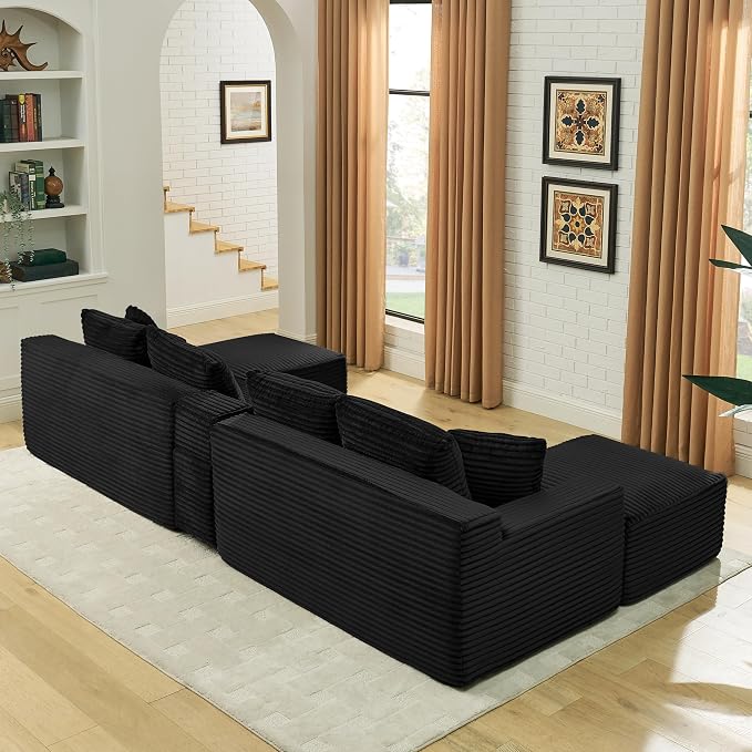 127" U-Shaped Cloud Sectional Couch Oversized Modular Compressed Boneless Sectional Sofa with Ottoman Chaise Lounges & Console, Plush Corduroy Boneless Symmetrical Sofa