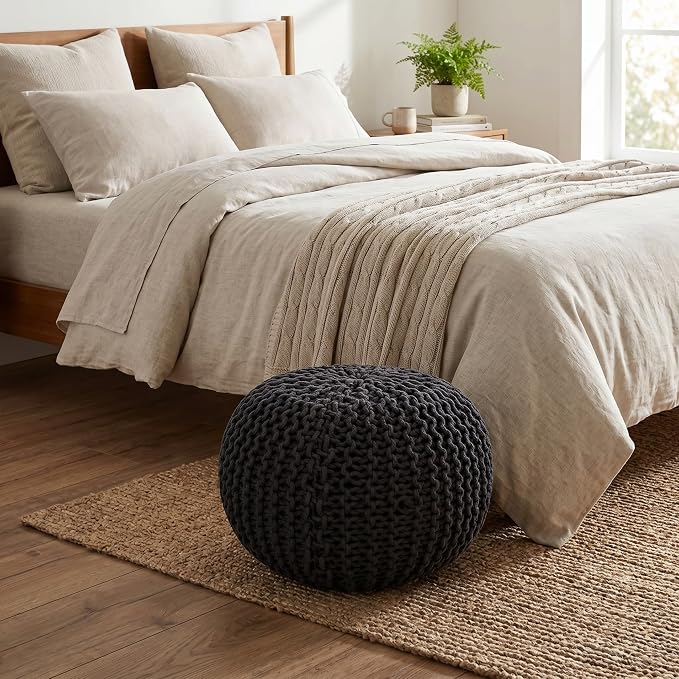 BIRDROCK HOME Round Pouf Ottoman Foot Rest - 18.5”x18.5”x15” Boho Compact Comfortable Soft Cotton Braided Foot Stool with Bean Bag Filling for Living Room, Bedroom, or Nursery (Charcoal Gray)