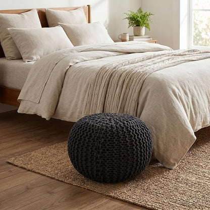 BIRDROCK HOME Round Pouf Ottoman Foot Rest - 18.5”x18.5”x15” Boho Compact Comfortable Soft Cotton Braided Foot Stool with Bean Bag Filling for Living Room, Bedroom, or Nursery (Charcoal Gray)