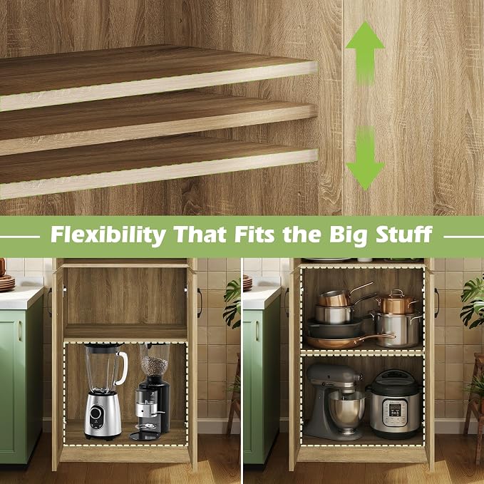 JASIWAY Rattan Pantry Cabinet, 67" Tall Kitchen Storage Cabinet with Doors | Adjustable Shelves, Wicker Linen Closet Cupboard for Laundry, Bathroom, Wood