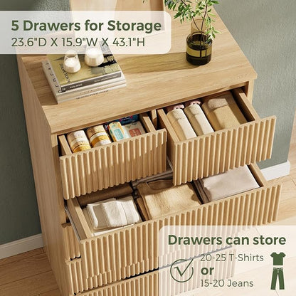 Jocoevol Fluted 6 Drawer Dresser for Bedroom, Modern Wood Chest of Drawers, Tall Storage Dresser with Deep Drawers, Handleless Floor-Standing Dresser for Bedroom, Living Room, Entryway, Natural Oak