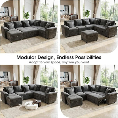 107.8" Modular Sectional Sleeper Sofa with Pull Out Bed, U Shaped 7 Seat Couch with 221L Storage, Convertible Cloud Couch Bed with Ottoman, Sectional Couches for Living Room, Apartment (Gray)