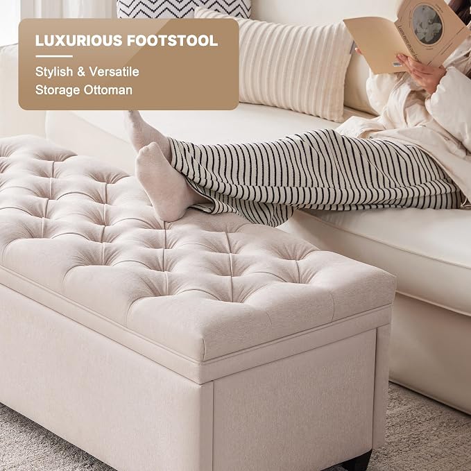 Mangodan 50" Storage Ottoman Bench, Tufted Ottoman with Storage for Living Room, Large End of Bed Ottomans, Modern Entryway Benchs, Window & Bedroom Benches for Foot of Bed (Beige)