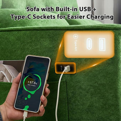 Convertible Sofa Bed, 3 in 1 Pull Out Couch, Loveseat Sleeper with Side Pocket, Sleeper Sofa with Adjustable Backrest | USB Charging Port | Two Pillows | Fabric | Light Green
