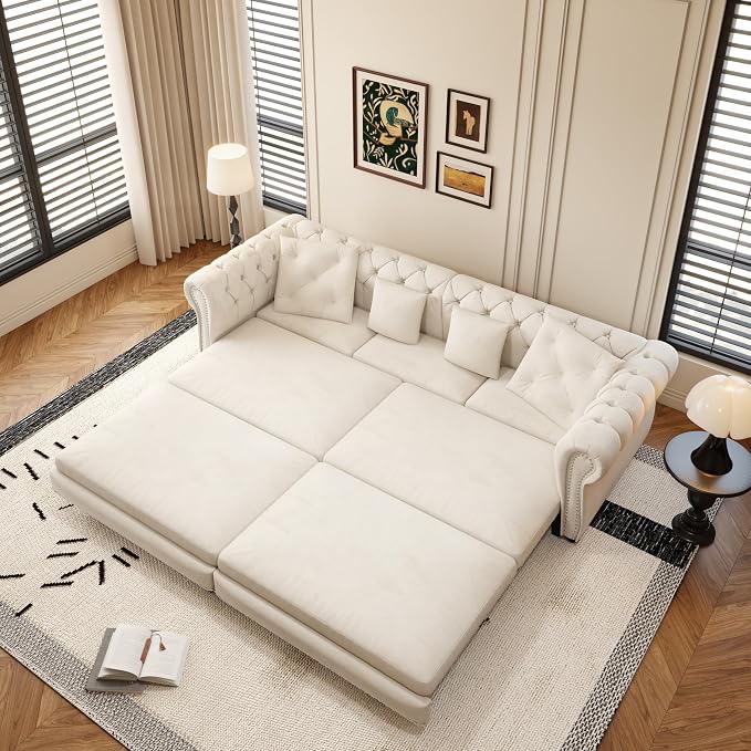 89" Velvet Pull Out Couch Bed - 3-in-1 Convertible Sleeper Sofa with Ottoman, Button Tufted Chesterfield Sofa, King Size Pull Out Sofa Bed, Space Saving for Small Spaces Apartments, Living Room,Beige | 3-in-1 Convertible