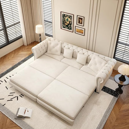89" Velvet Pull Out Couch Bed - 3-in-1 Convertible Sleeper Sofa with Ottoman, Button Tufted Chesterfield Sofa, King Size Pull Out Sofa Bed, Space Saving for Small Spaces Apartments, Living Room,Beige | 3-in-1 Convertible