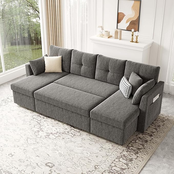 Huatean Home Oversized Sleeper Couch Sofa, 110 inch 2 in 1 Pull Out Couch with Double Storage Chaise, Sectional Sleeper Sofa Bed with Side Pocket for Living Room, Dark Grey