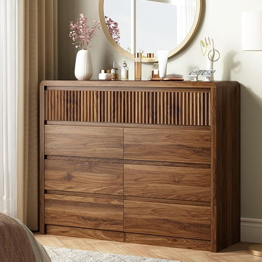 LYNSOM 9 Drawer Dresser for Bedroom, 50" Wide Fluted Dresser with Curved Corners, Wood Dressers & Chests of Drawers with Dual-Panel Design for Bedroom, Entryway, Walnut