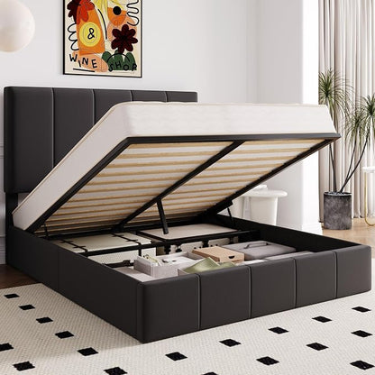 Allewie Full Size Velvet Lift Up Storage Bed Frame, Vertical Channel Tufted Headboard, Hydrualic Underneath Storage, Upholstered Platform Bed, Wooden Slats Support, No Box Spring Needed, Black