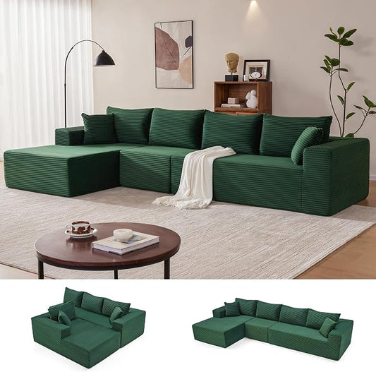Mangodan 140” Cloud Sectional Couch, Modular Sectional Sofa with Deep Seat, Boneless Sofa for Living Room, Fluffy Comfy L-Shaped Couch with Left Facing Chaise, No Assembly Required, Green