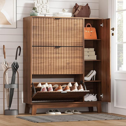 Shoe Cabinet Storage for Entryway with 3 Flip Drawers & Side Cabinet, Fluted Narrow Shoe Organizer with Wooden Leg, Freestanding Shoe Storage Hidden Shoe Rack Organizer for Front Door Entrance, Walnut
