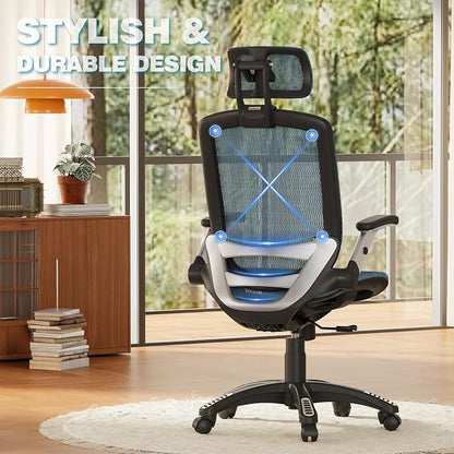 GABRYLLY Ergonomic Office Chair, High Back Mesh Desk Chair with Adjustable Headrest, Flip-Up Arms, 90-120° Tilt Lock, Lumbar Support and Comfy Seat, Swivel Computer Task Chair, Blue