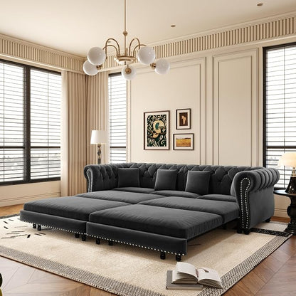 89" Velvet Pull Out Sofa Bed - 3-in-1 Convertible Sleeper Sofa with Ottoman, Button Tufted Chesterfield Sofa, Pull-out King Size Couch Bed, Space Saving for Small Spaces Apartments, Living Room, Grey