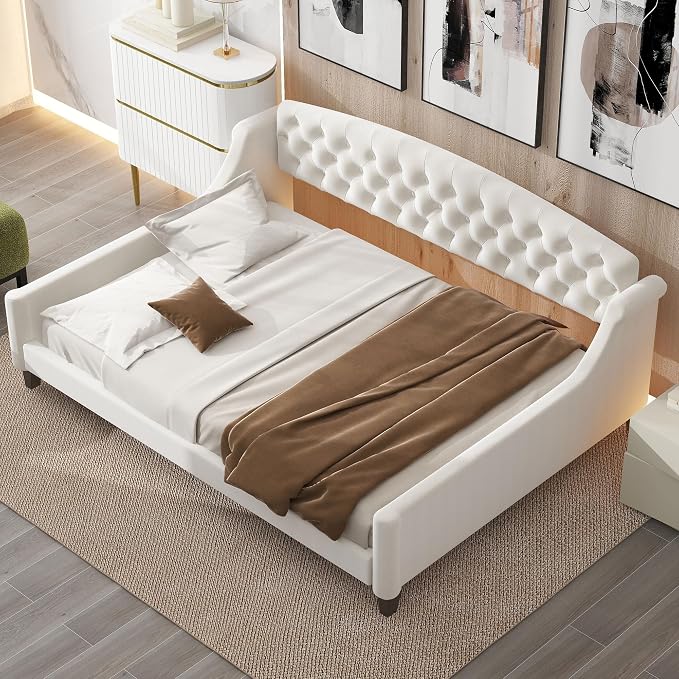 Ball & Cast Full Size Daybed, Velvet Upholstered Day Bed Frame with Button Tufted Backrest,Modern Sofa Bed for Living Room, Bedroom,Guest Room,No Box Spring Needed,Beige