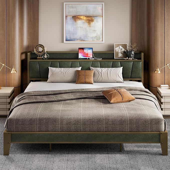 LIKIMIO King Bed Frame, Storage Headboard with Charging Station, Solid and Stable, Noise Free, No Box Spring Needed, Easy Assembly (Dark Green)