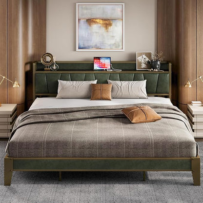 LIKIMIO King Bed Frame, Storage Headboard with Charging Station, Solid and Stable, Noise Free, No Box Spring Needed, Easy Assembly (Dark Green)