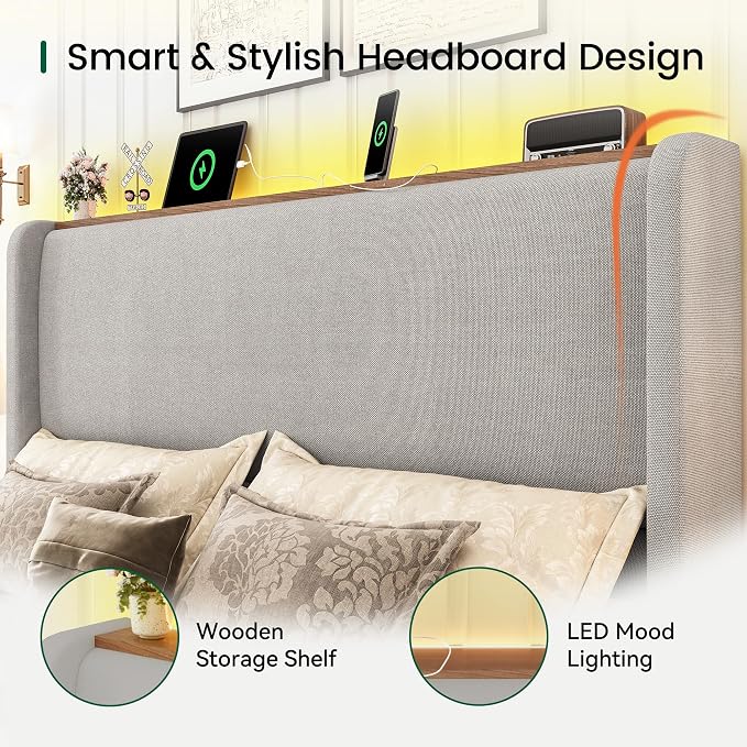 LARMACE Queen Size Bed Frame with LED Lights and Charging Station Linen Upholstered Platform Bed Frame with 51.2" Tall Wingback Headboard and Storage Shelf, No Box Spring Needed, Easy Assembly, Grey