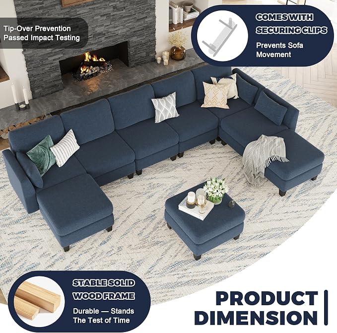 Modular Sectional Sofa, 6 Seaters Modular Sleeper Sofa Couch, Comfy Sectionals Couches Bed, Convertible Sofas with Ottomans, Sectional Couches for Living Room, Blue