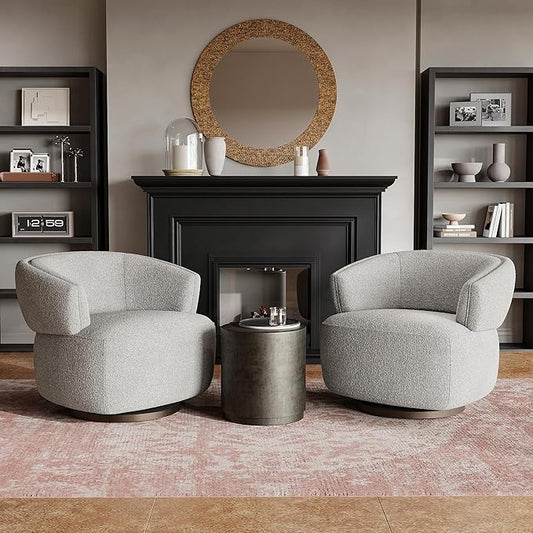 RoyalCraft Swivel Accent Chair Set of 2, Fully Assembled Round Barrel Chairs, Oversized Upholstered Armchair with 360-Degree Base, Modern Club Chair for Living Room, Bedroom, Office, Grey