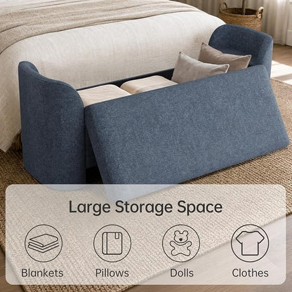 Usaint 58.3" Storage Ottoman Bench with Pillows, Upholstered End of Bed Bench with Arms, Footrest Stool Bench for Bedroom, Living, Window, Entryway and Hallway, Blue