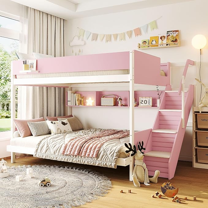 Wood Bunk Bed Twin Over Full with Staircase and Side Shelves | Striped-Design Staircase, Built-In Light Strip, Space-Saving Design, Kids Teens Adults, Versatile Bed Frame