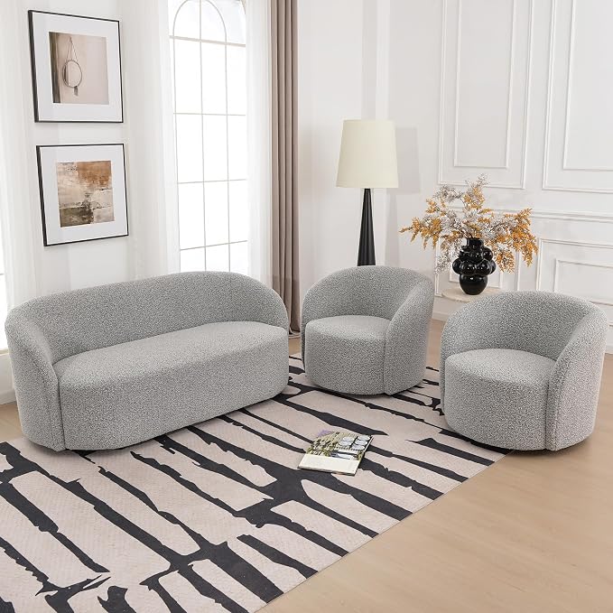 KINWELL 68" Boucle Upholstered Loveseat Sofa with Set of 2 Swivel Barrel Accent Chairs, Minimalist Comfy 2-Seater Couch and 2 Sherpa Armchairs for Small Spaces Apartment, Black White