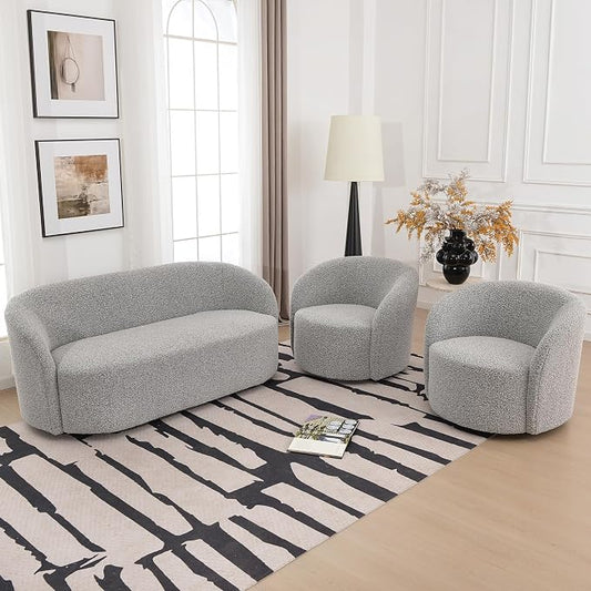 KINWELL 68" Boucle Upholstered Loveseat Sofa with Set of 2 Swivel Barrel Accent Chairs, Minimalist Comfy 2-Seater Couch and 2 Sherpa Armchairs for Small Spaces Apartment, Black White