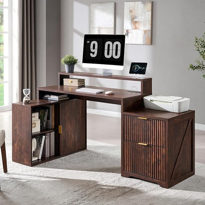 67" Modern Desk with Storage Cabinet & 2 Drawers, Built‑in Outlet | L Shaped Desk with Storage, Wood Home Office Desk, storage cabinet with sliding doors, Dark Walnut