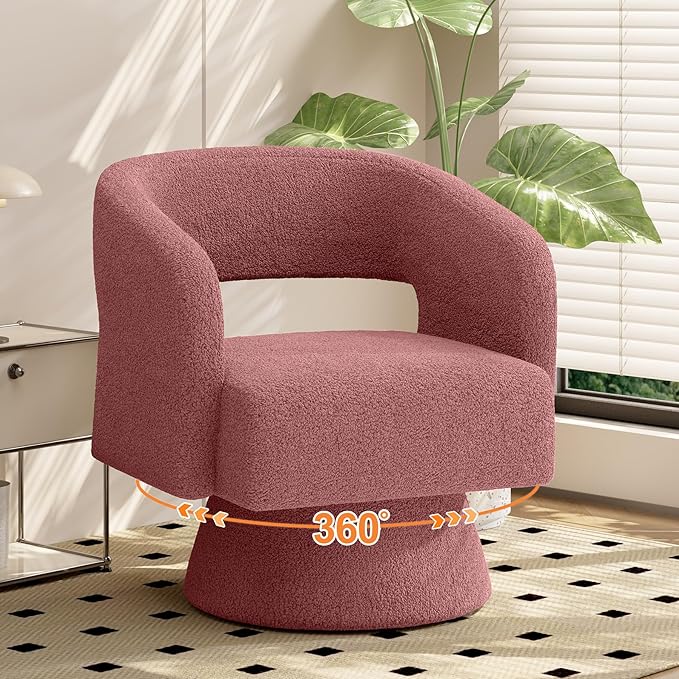 Luxanimarion Swivel Barrel Accent Chair,Oversized Teddy Upholstered Round Swivel Chair,Modern Luxury 360 Degree Living Room Vanity Chair for Bedroom Office,Pink,1PCS