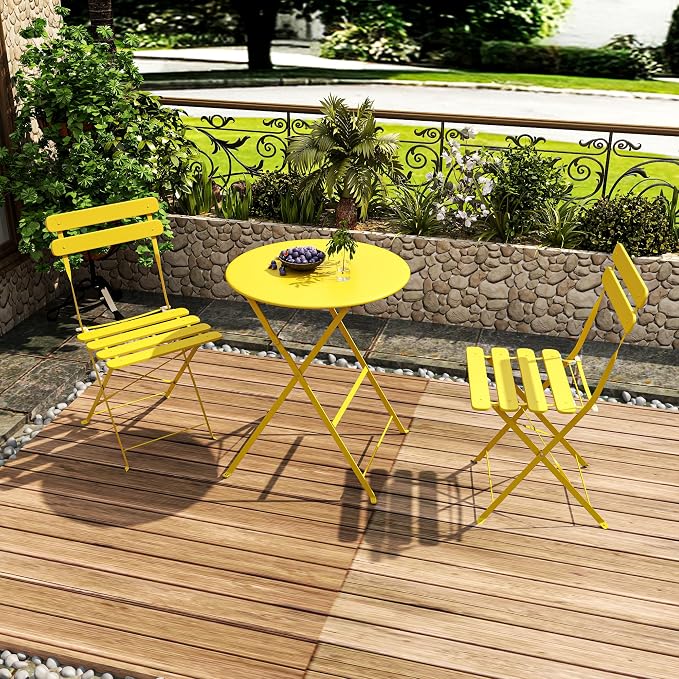 3-Piece Folding Bistro Set, 2 Chairs and 1 Table, Weather-Resistant Outdoor/Indoor Conversation Set with Heavy-Duty Powder-Coated Steel Frame for Patio, Yard, Garden (Yellow)