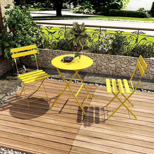 3-Piece Folding Bistro Set, 2 Chairs and 1 Table, Weather-Resistant Outdoor/Indoor Conversation Set with Heavy-Duty Powder-Coated Steel Frame for Patio, Yard, Garden (Yellow)