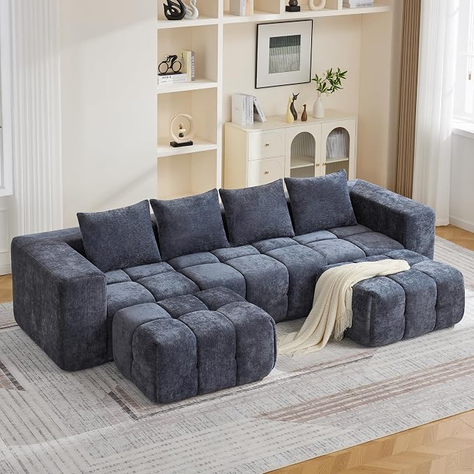 119" Boneless U-Shaped Sofa Couch with 2 Ottoman, 4 Seater Comfy Cloud Sectional Sofa with Deep Seat, Oversized Chenille Memory Foam Sectional Couches for Living Room Bedroom, Blue