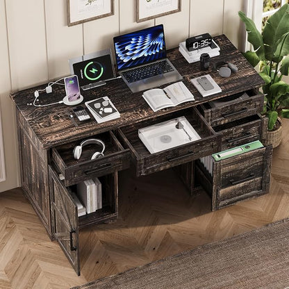 LUMISOL 55” Farmhouse Executive Desk with Charging Station and Power Outlet, Computer Desk with 5 Drawers and Cabinet, Rustic Wood Writing Study Table with File Drawer, Rustic Grey
